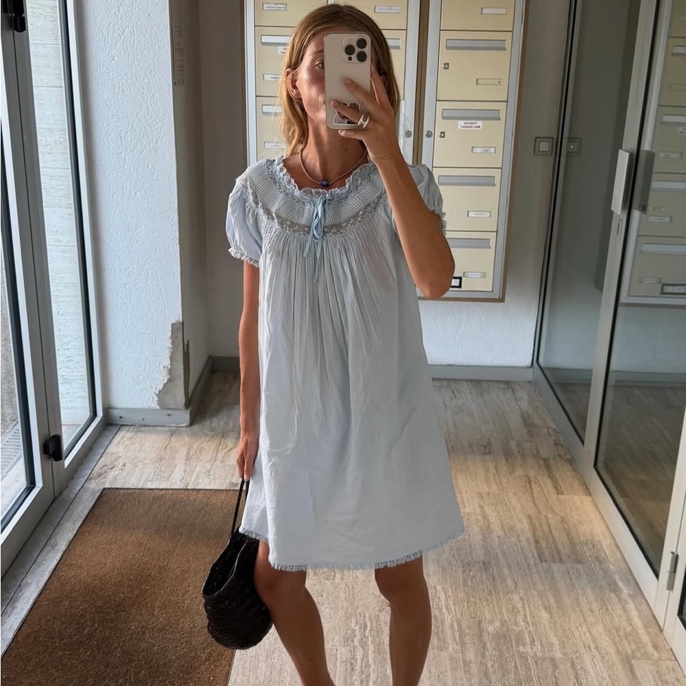 Doen Light Blue Mini Dress with Smocked Yoke